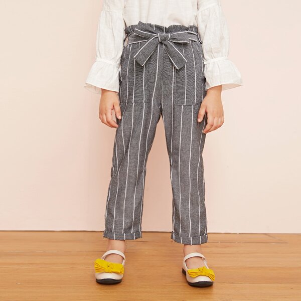 

Toddler Girls Striped Belted Paperbag Waist Pants, Grey