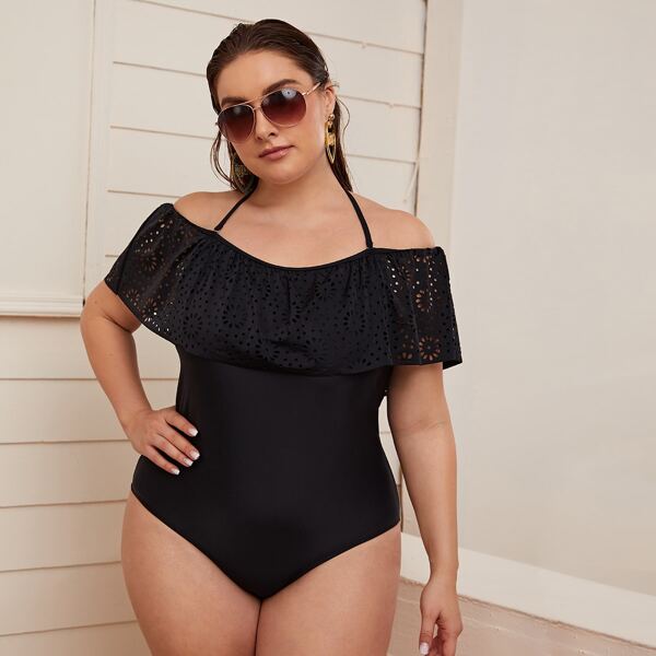 

Plus Flounce Halter One Piece Swimsuit, Black