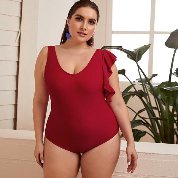 

Plus Ruffle Trim One Piece Swimwear, Burgundy