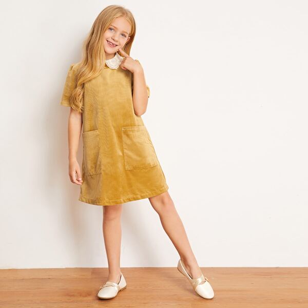 

Girls Contrast Lace Collar Patch Pocket Cord Dress, Yellow