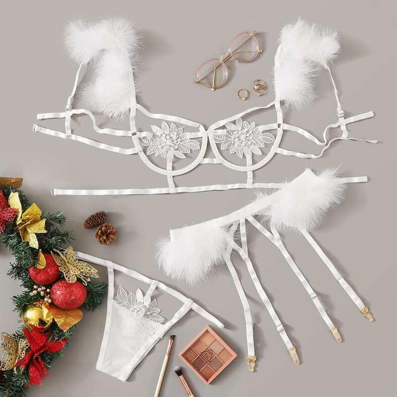 

Faux Fur Floral Appliques Underwire Garter Lingerie Set, White