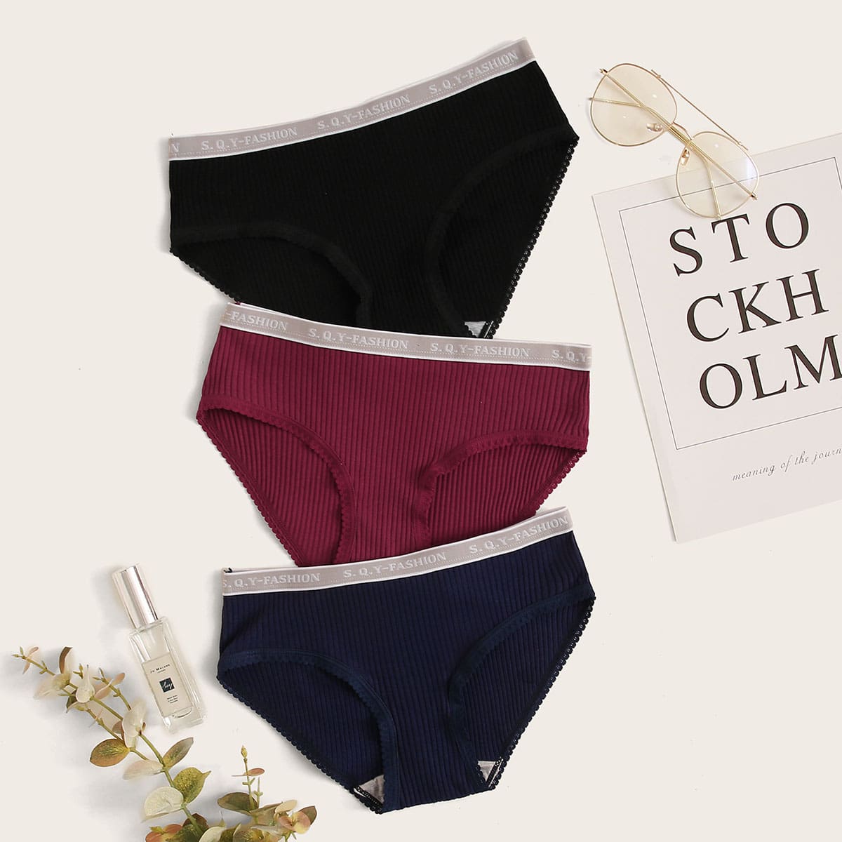 

3pack Rib Letter Graphic Panty Set, Multicolor