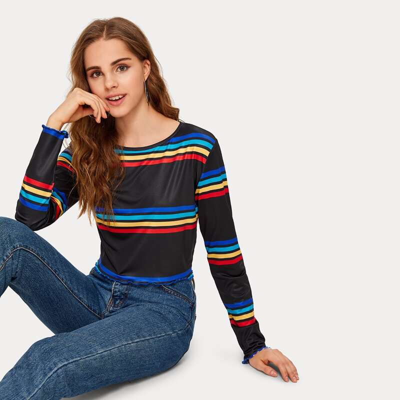 

Striped Lettuce Trim Crop Tee, Black