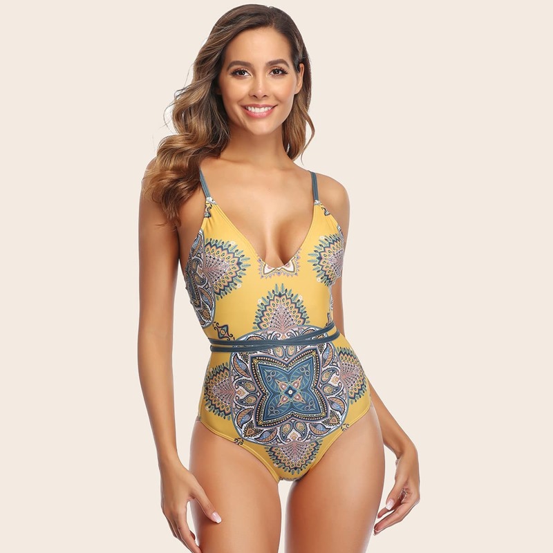 

Tribal Random Print One Piece Swimsuit, Multicolor