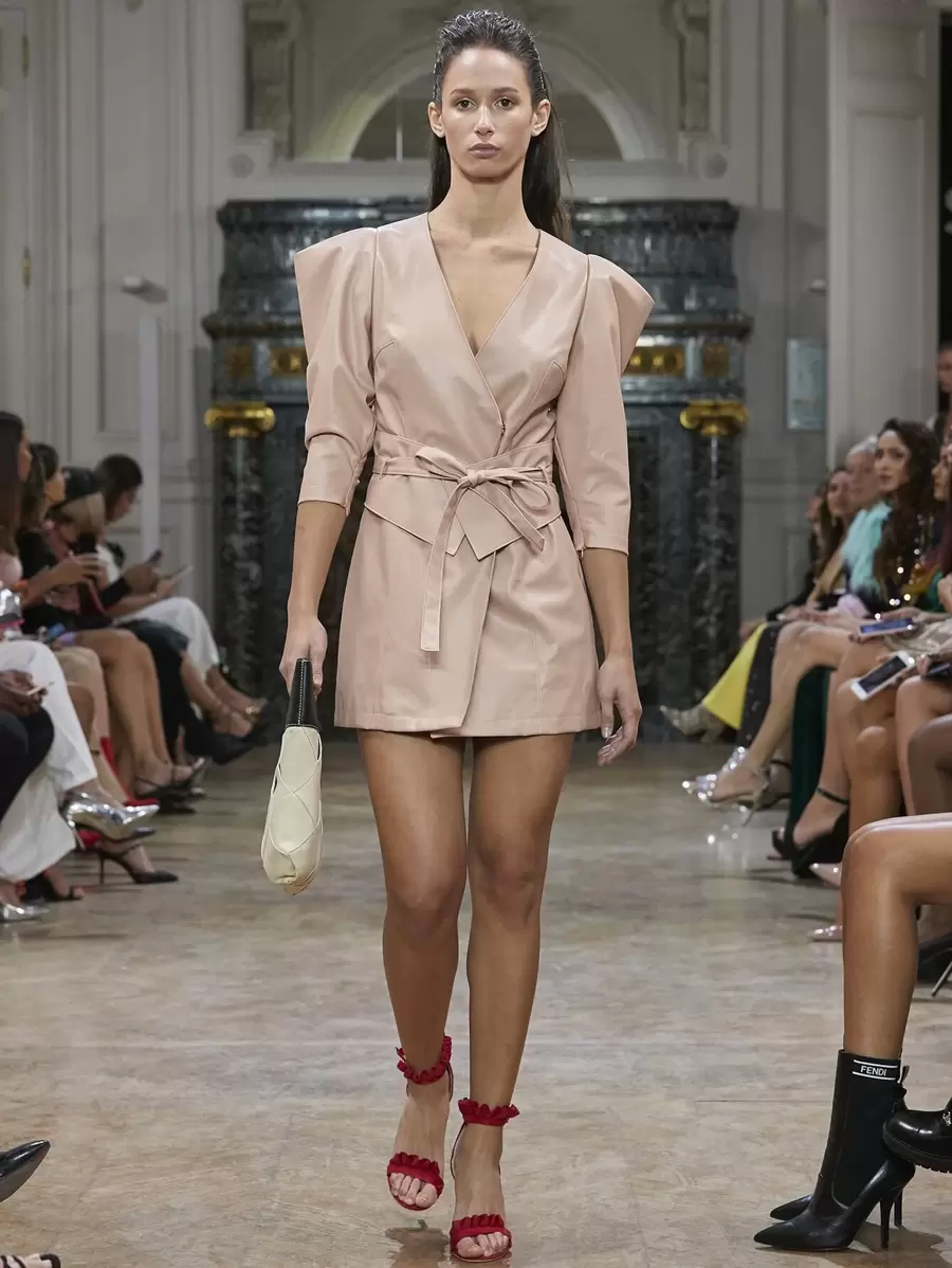 SHEIN 羊腿袖圍裹人造皮革洋裝帶腰帶