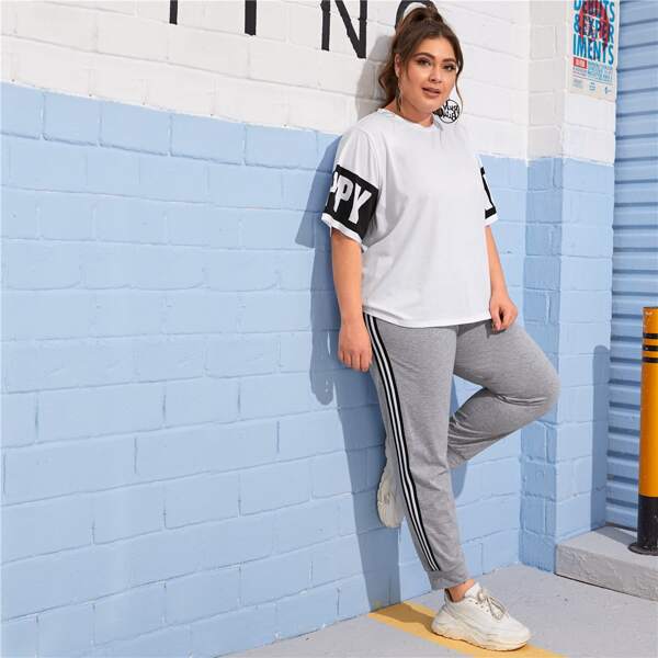 

Plus Letter Graphic Top & Striped Side Pants Set, Multicolor