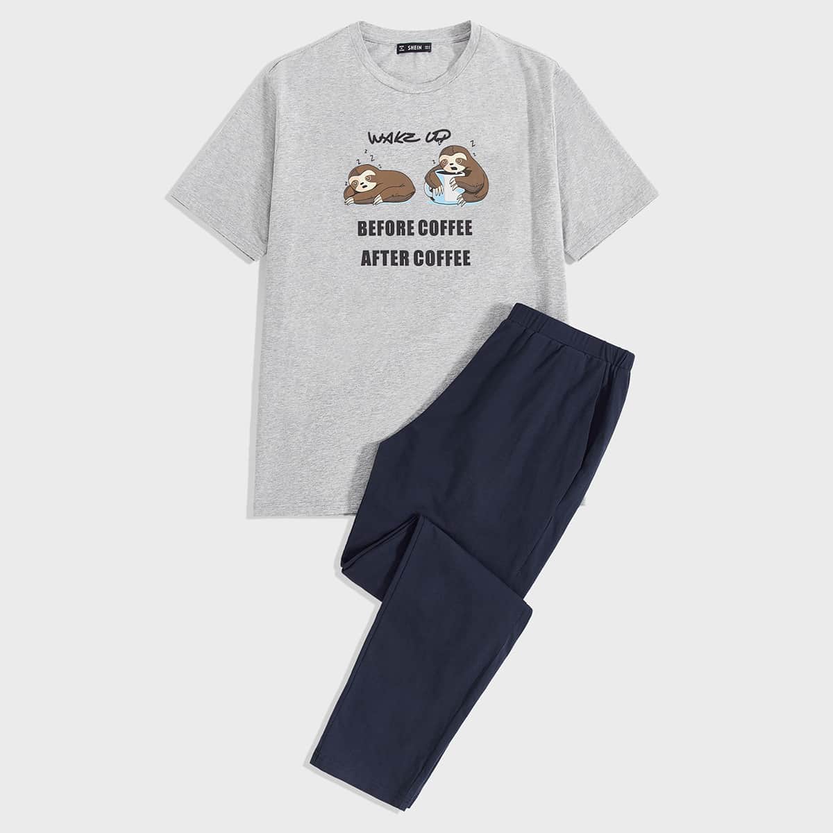 

Guys Cartoon & Slogan Graphic Tee & Pants PJ Set, Multicolor