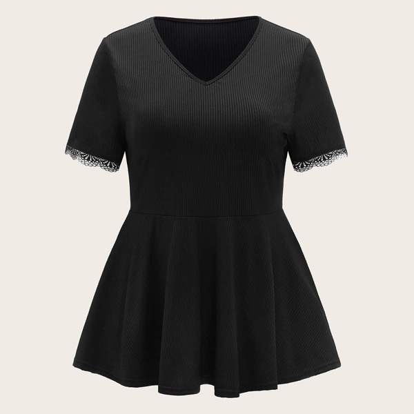 

Plus Lace Insert Cuff Rib-knit Peplum Tee, Black