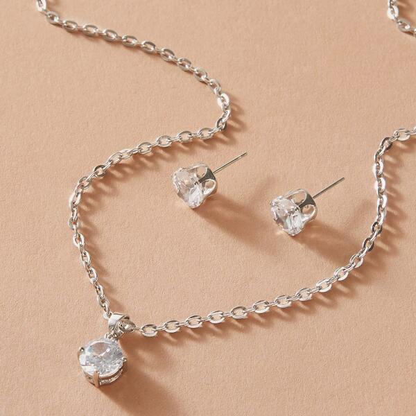

3pcs Rhinestone Decor Charm Necklace & Earrings, Silver