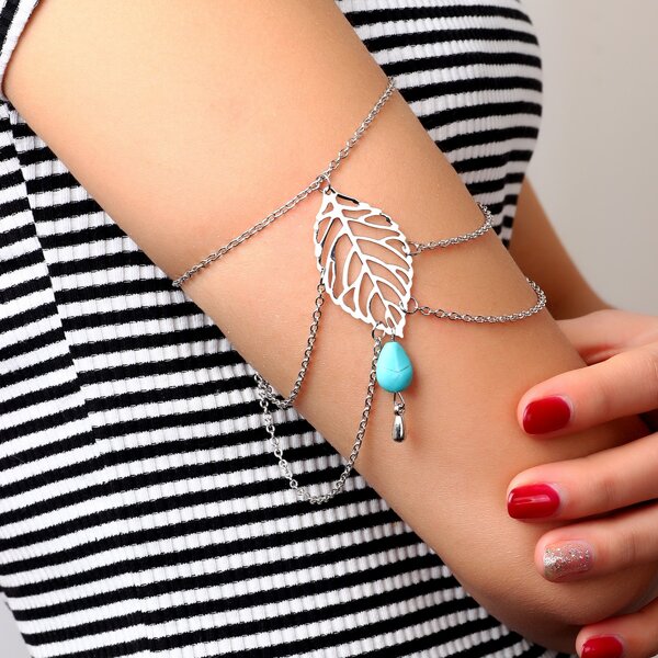 

1pc Turquoise & Leaf Decor Arm Bracelet, Silver