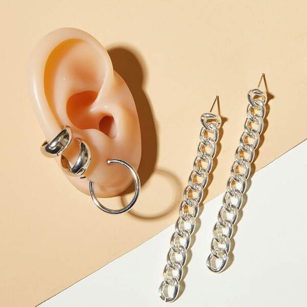 

5pcs Chain & Circle Decor Earrings, Silver