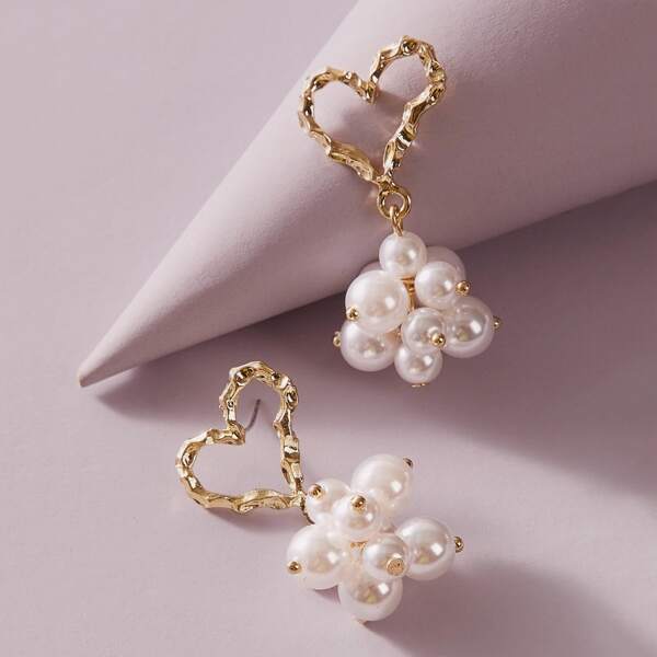 

1pair Textured Heart Decor Faux Pearl Drop Earrings, Multicolor