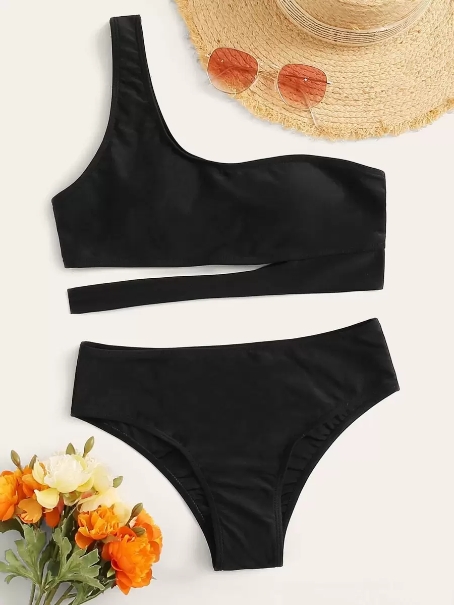 SHEIN Swim Summer Beach Cut-Out One Shoulder Bikini Set - Black - View 1