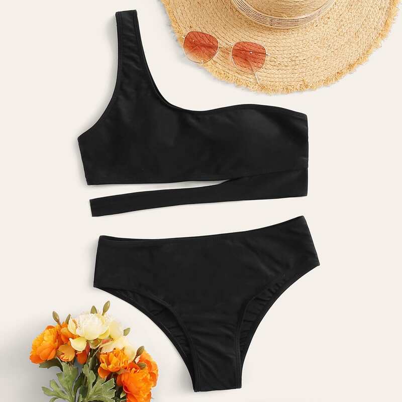

Cut-out One Shoulder Bikini Swimsuit, Black