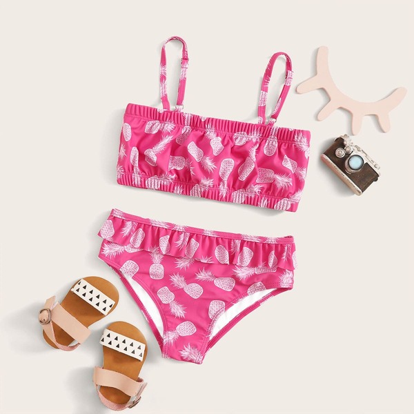 

Girls Pineapple Print Bikini Set, Pink