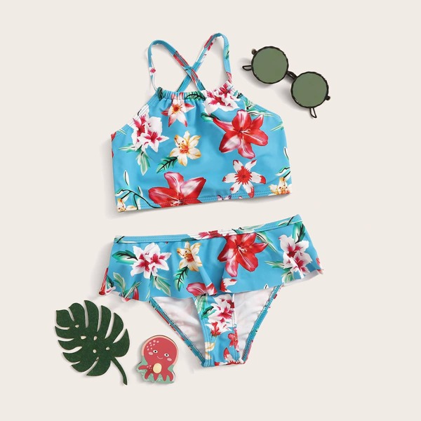 

Girls Floral Print Criss Cross Bikini Set, Blue