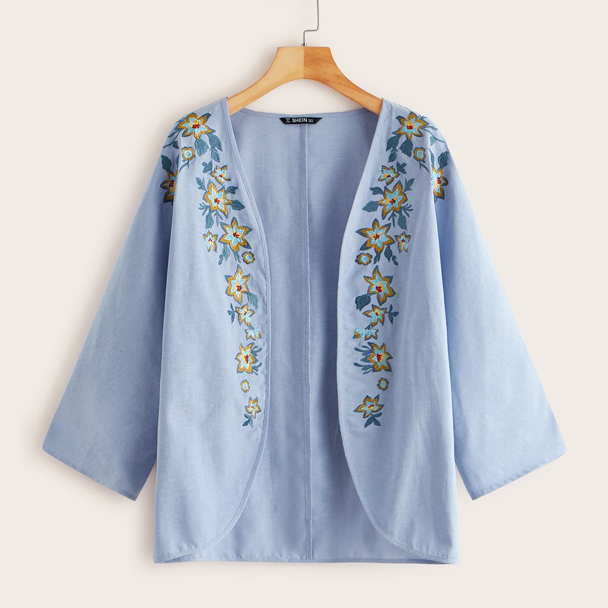 

Open Front Embroidery Floral Kimono, Blue pastel