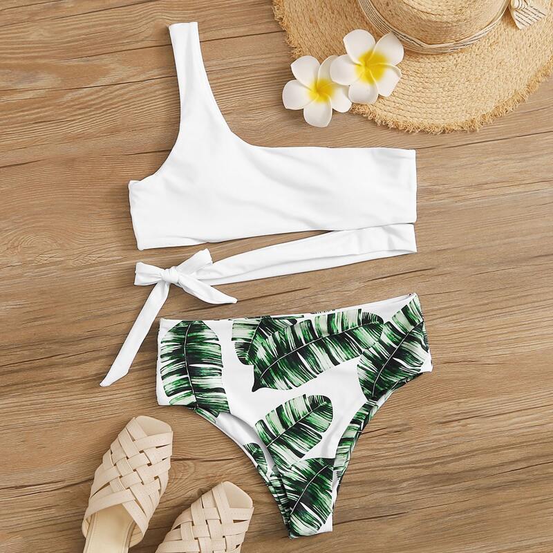 

Palm Print One Shoulder High Waisted Bikini Swimsuit, Multicolor