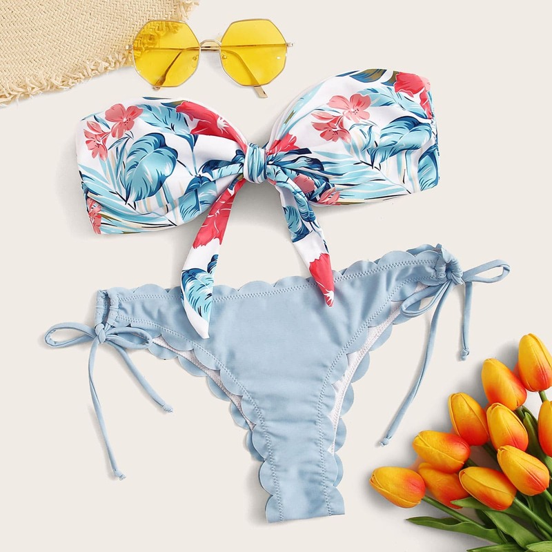 

Plant Print Bandeau Tie Side Bikini Swimsuit, Multicolor