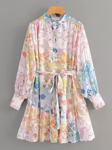 Floral Print Ruffle Hem Belted Dress - Multicolor - View 1