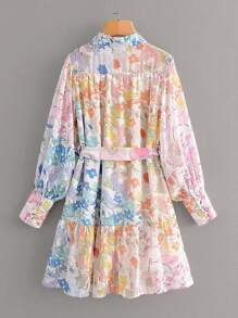 Floral Print Ruffle Hem Belted Dress - Multicolor - View 2