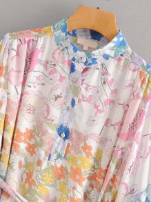 Floral Print Ruffle Hem Belted Dress - Multicolor - View 3
