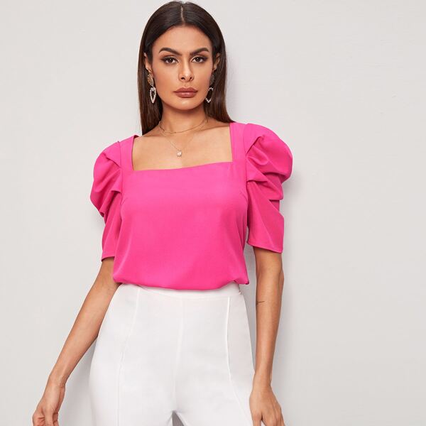 

Square Neck Puff Sleeve Top, Pink bright