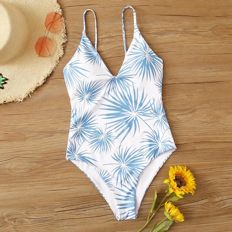 

Palm Random Print One Piece Swimsuit, Multicolor