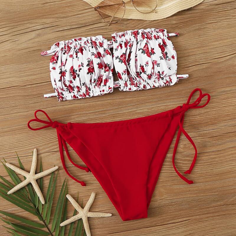 

Floral Random Print Ruched Bandeau With Tie Side Bikini, Multicolor
