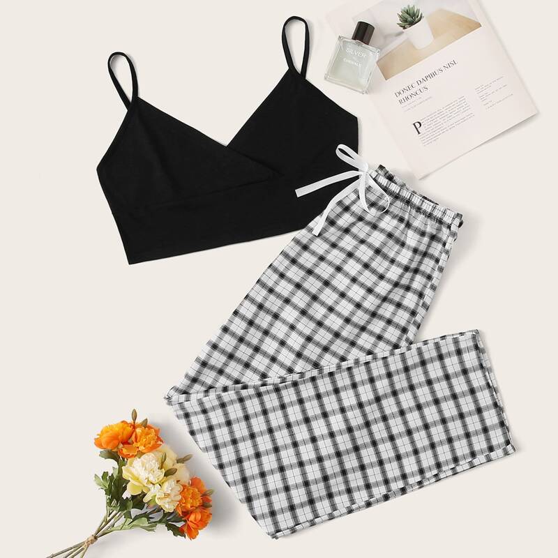 

Crop Cami Top & Plaid Pants PJ Set, Black and white