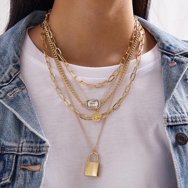 

1pc Lock & Rhinestone Charm Layered Chain Necklace, Gold