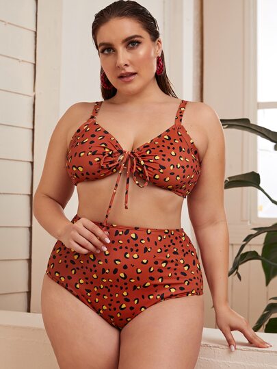 Plus Graphic Tie Front Top With High Waist Bikini