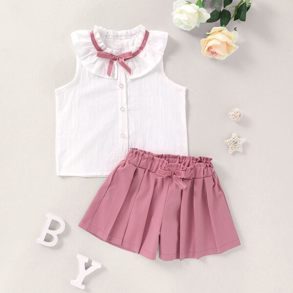 

Toddler Girls Ruffle Trim Blouse & Bow Paperbag Waist Shorts, Multicolor