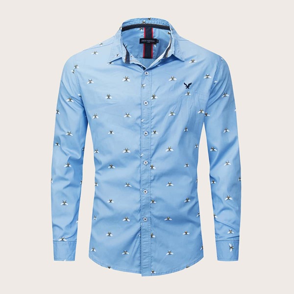 

Men Bees Print Button Up Shirt, Blue