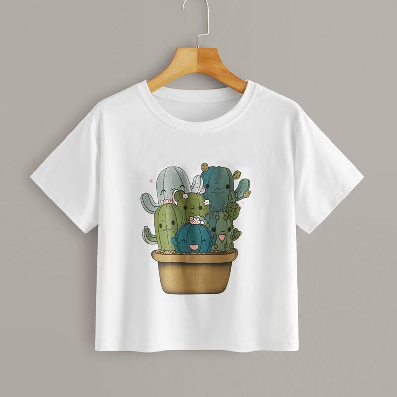 

Cartoon Print Round Neck Tee, White