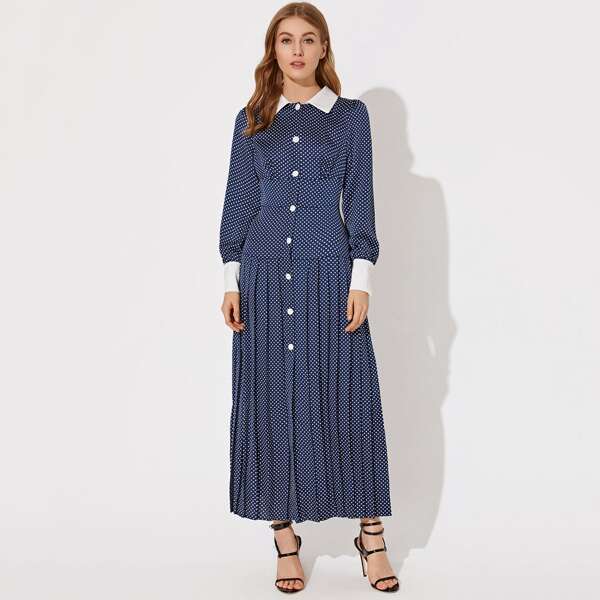 

Single Breasted Contrast Collar Polka Dot Pleated Dress, Navy blue