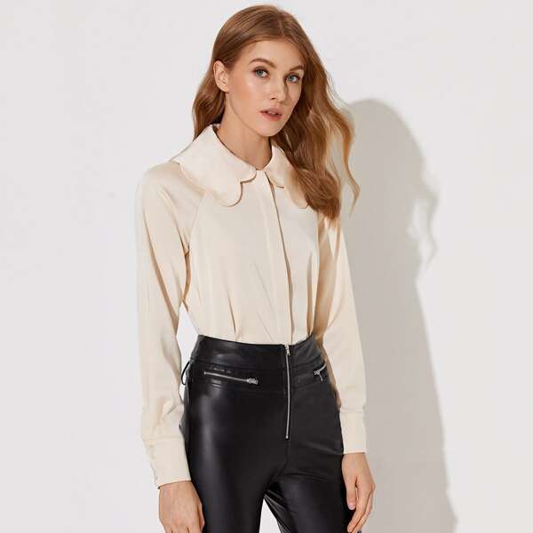 

Scallop Trim Collar Raglan Sleeve Blouse, Beige