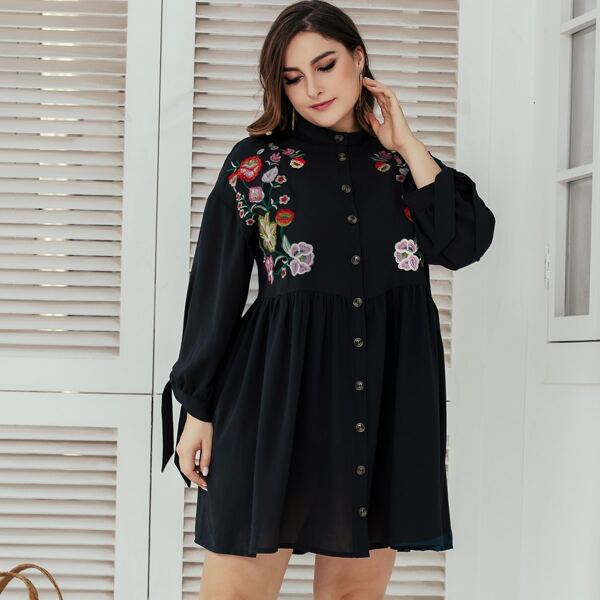 

Платье размера плюс с узлом и цветочной вышивкой, Чёрный