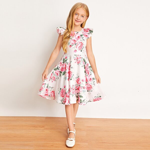 

Girls Ruffle Trim Floral Print Dress, Multicolor