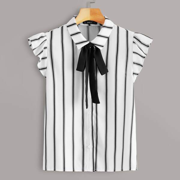 

Tie Neck Ruffle Armhole Striped Blouse, Black and white