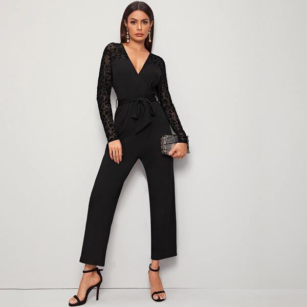 

Belted Surplice Front Zip Back Jumpsuit, Black