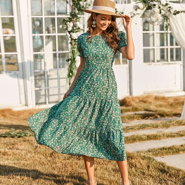 

Ditsy Floral Print Ruffle Hem Dress, Green