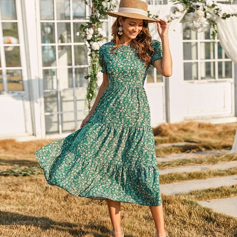

Ditsy Floral Print Ruffle Hem Dress, Green