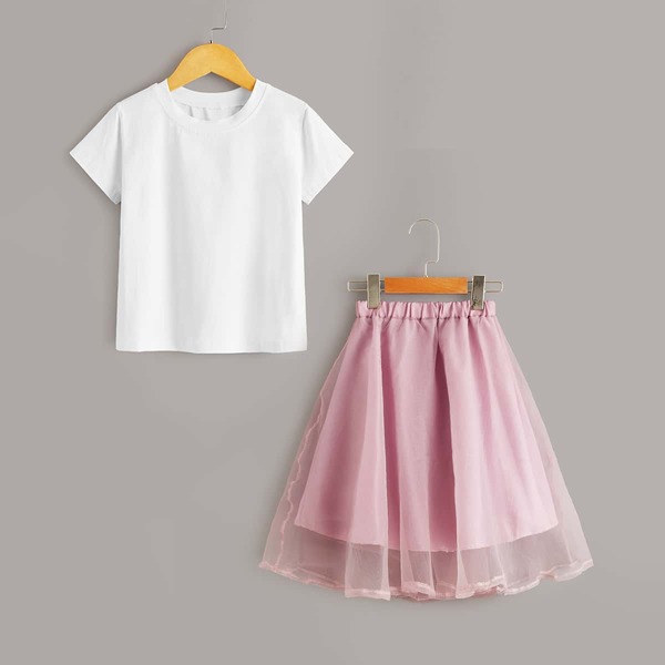 

Toddler Girls Basics Tee With Mesh Overlay Skirt, Multicolor