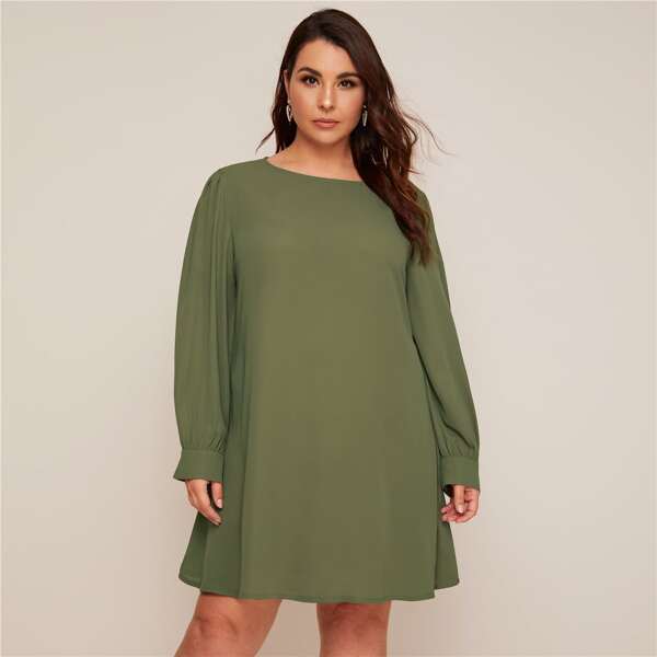 

Plus Solid Round Neck Chiffon Tunic Dress, Army green