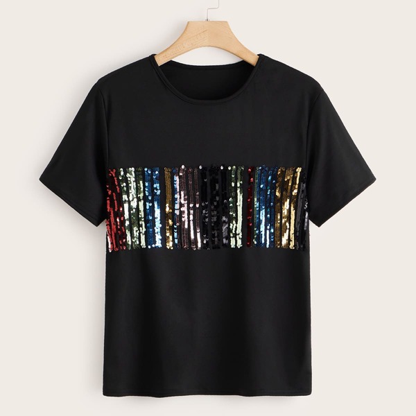 

Plus Contrast Sequin Round Neck Tee, Black