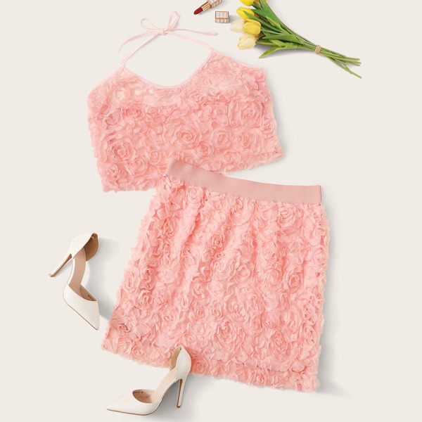 

Plus Stereo Flower Tie Back Halter Top & Skirt, Pink