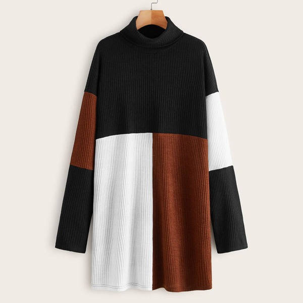 

Funnel Neck Drop Shoulder Colorblock Dress, Multicolor