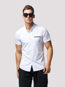 Manfinity 男士小高領紐扣門襟襯衫 - 白色 - 查看 3