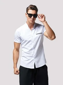 Manfinity 男士小高領紐扣門襟襯衫 - 白色 - 查看 4